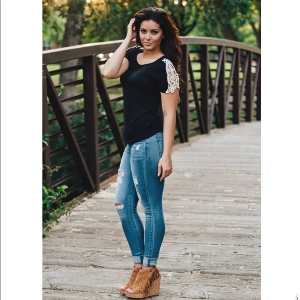 Black Crochet Lace Sleeve Top